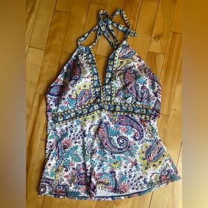 Liz Claiborne pink and blue paisley bathing suit halter tank top tie size 12